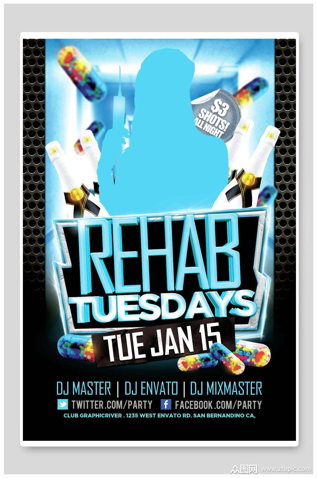 蓝色英文药丸欧美海报素材