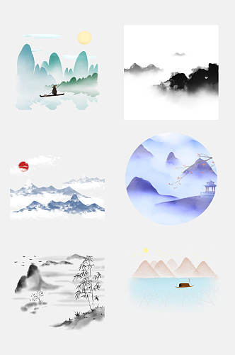 水彩中国风国画山水景观免抠素材