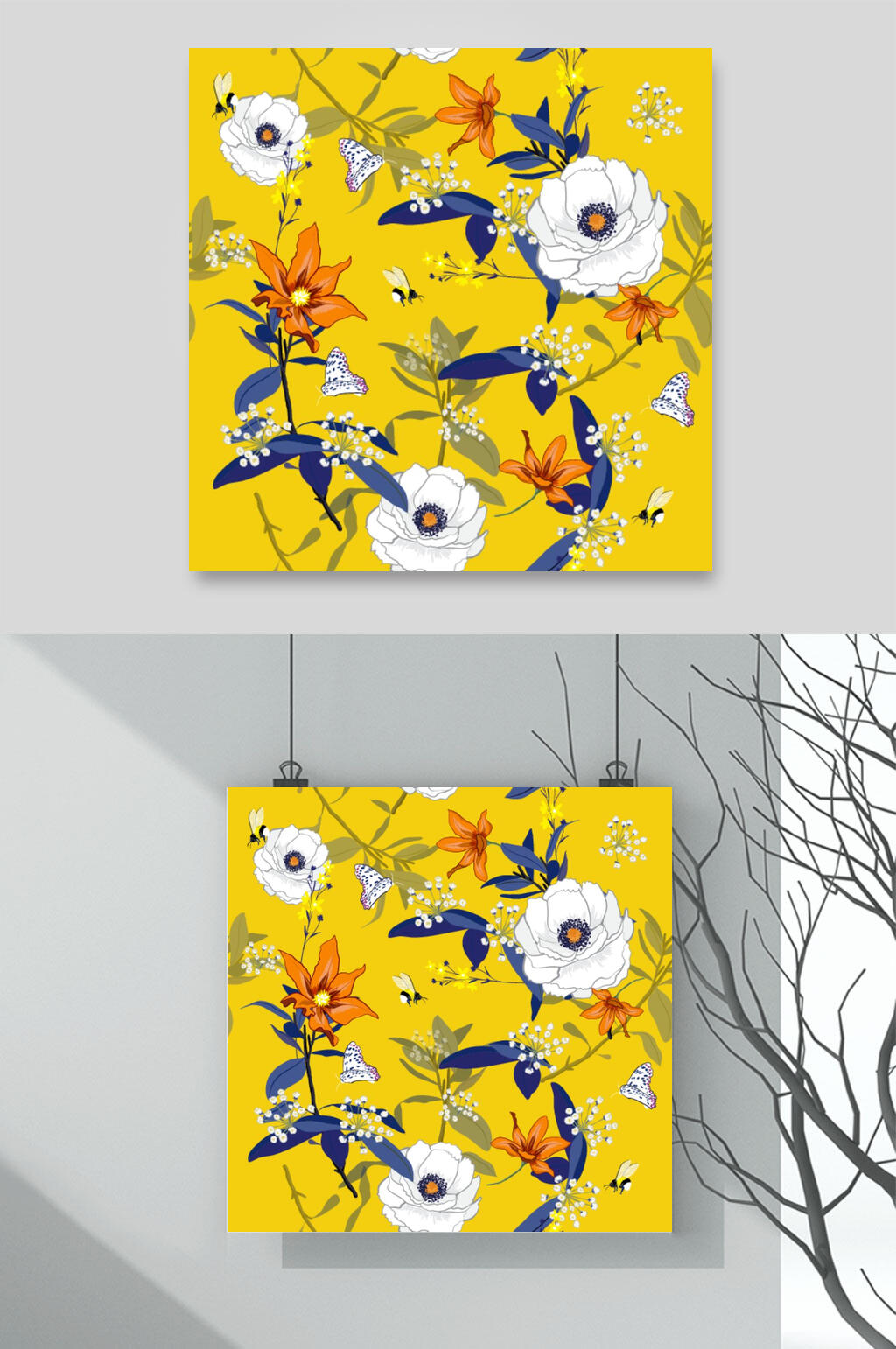 黄底轻奢花朵花卉图片矢量背景素材素材