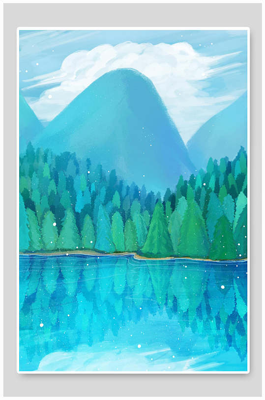 蓝色湖泊森林插画素材