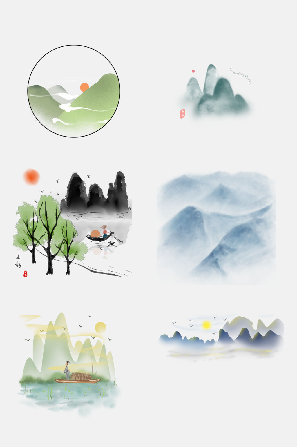 清新唯美中国风国画山水免抠素材素材