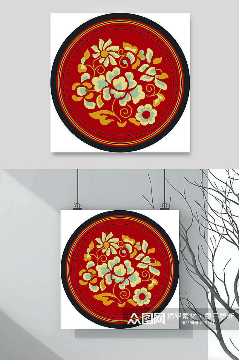 古典中国风圆形鲜花花纹素材素材