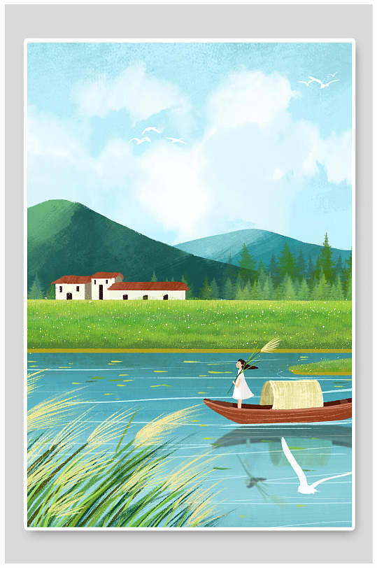 绿色治愈山水插画素材