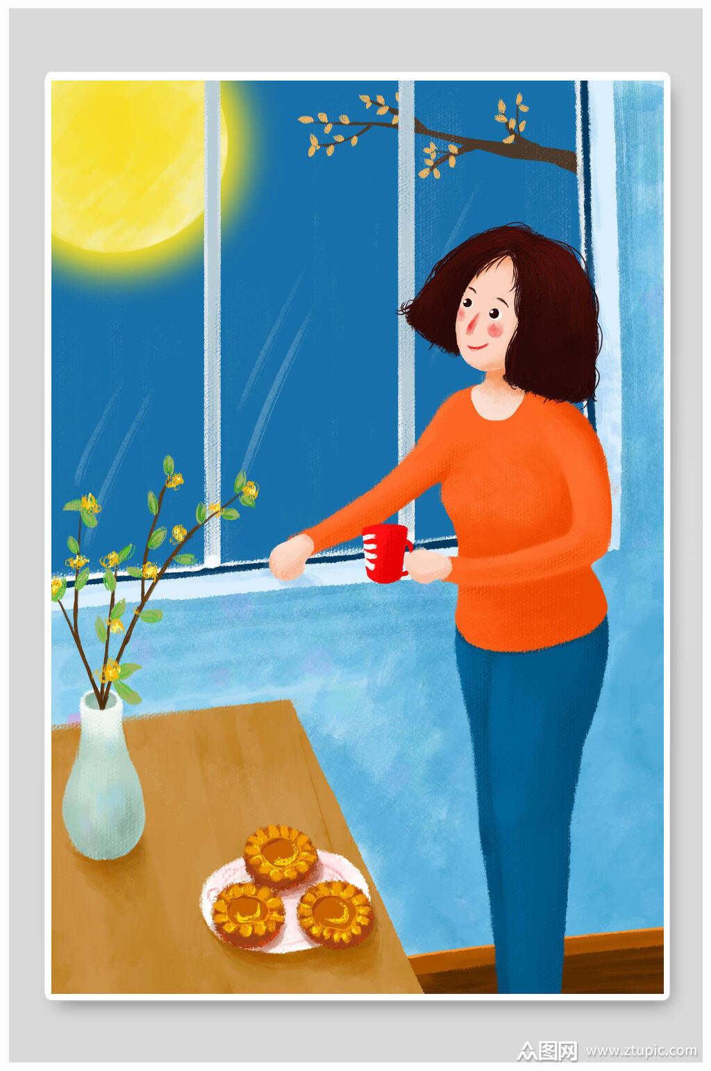 中秋佳节赏月吃月饼中秋插画