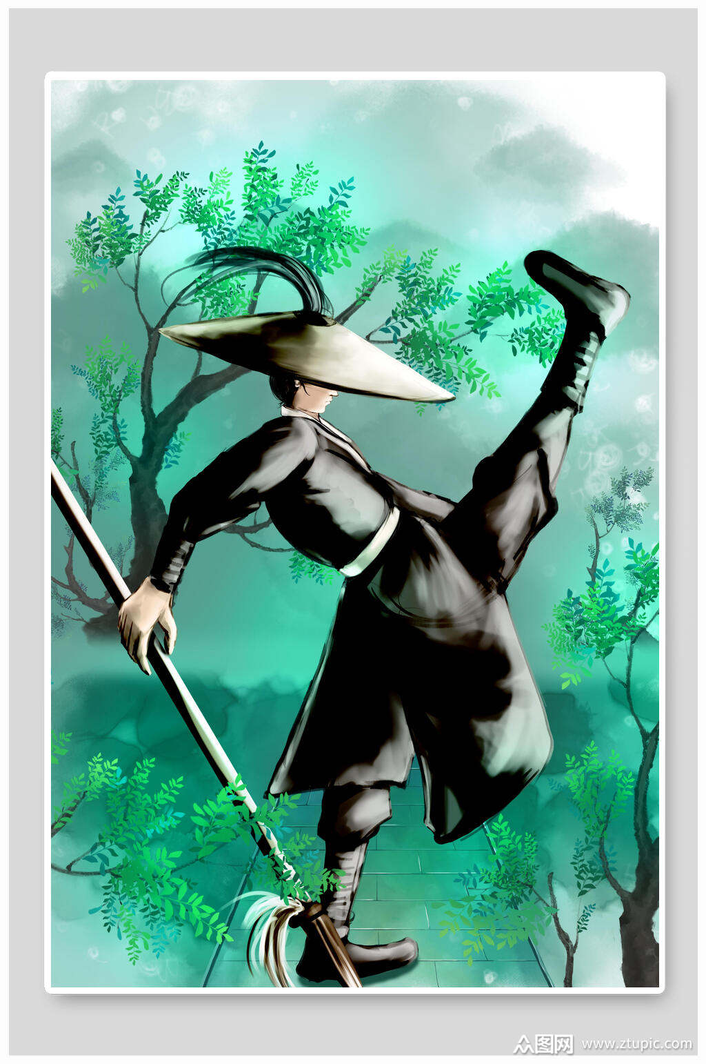 绿色侠客山水插画素材