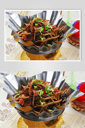 纸锅腌肉茶树菇食品图片