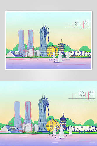 杭州城市旅游插画素材