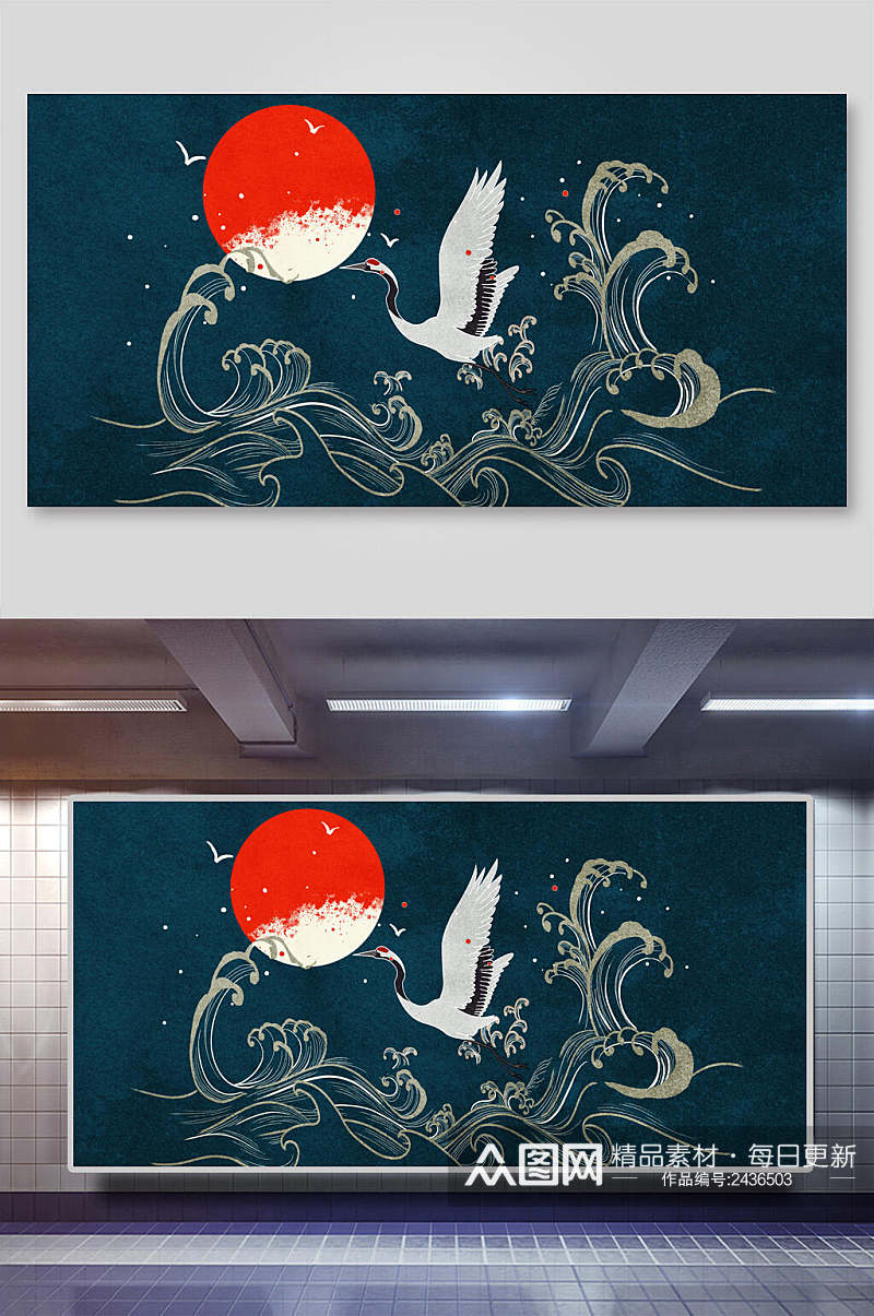 日鹤海浪中国风元素背景展板素材
