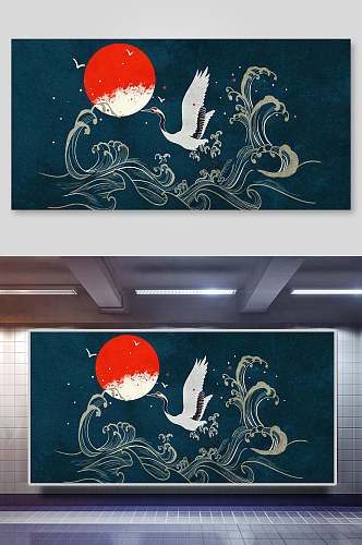 日鹤海浪中国风元素背景展板