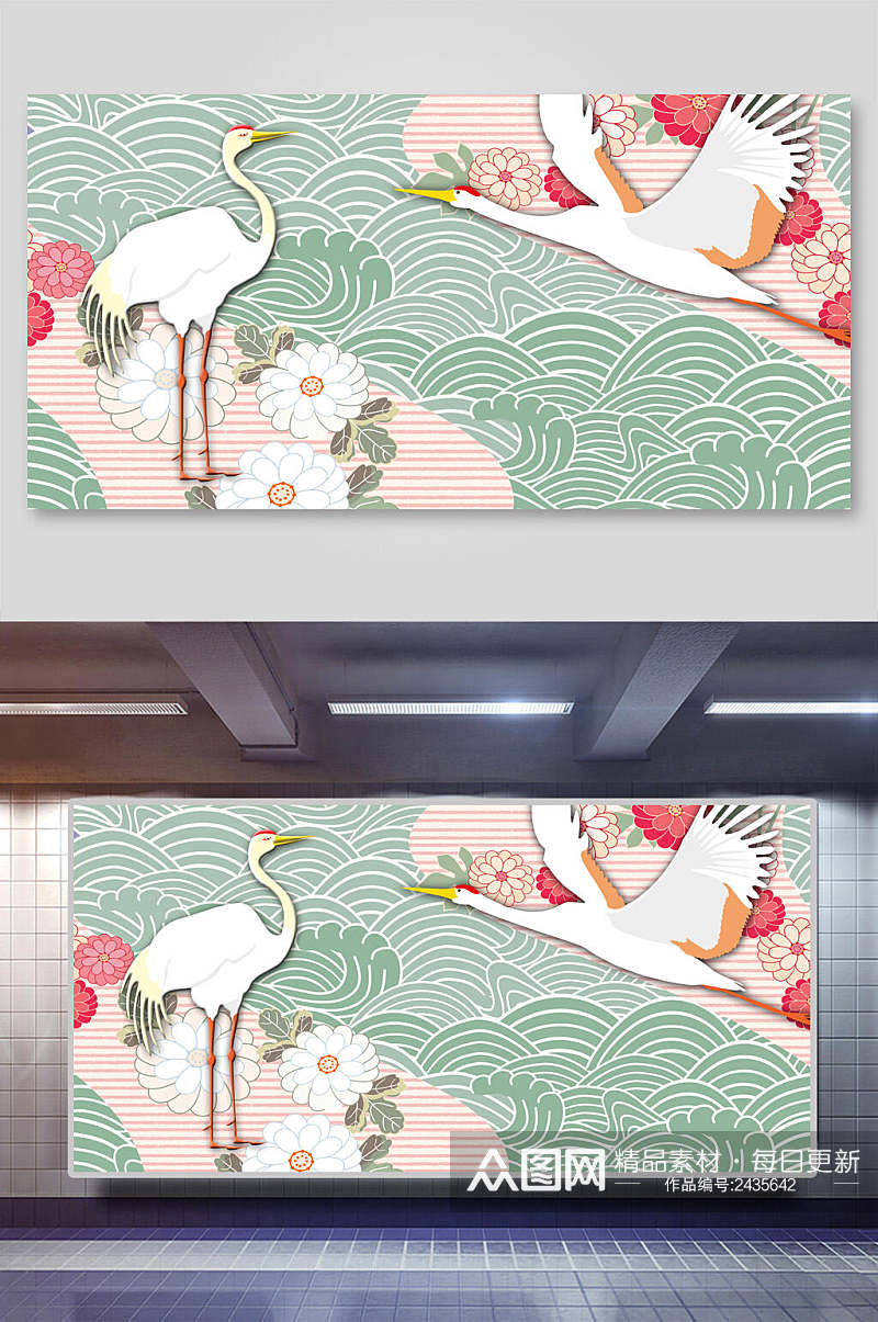 鹤花线条中国风元素背景展板素材