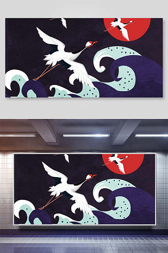日鹤海浪中国风元素背景展板