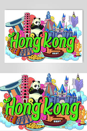 卡通香港旅游地标建筑矢量素材