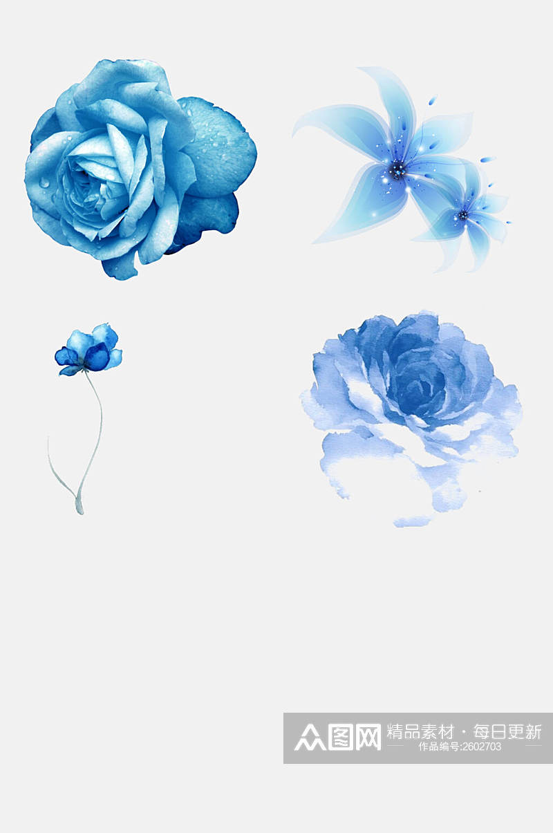 水彩唯美蓝色梦幻花卉素材素材