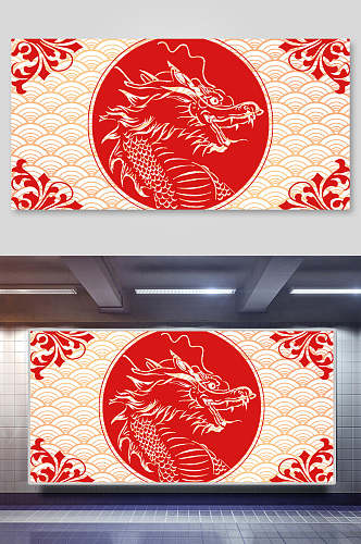 龙头红色中国风元素背景展板