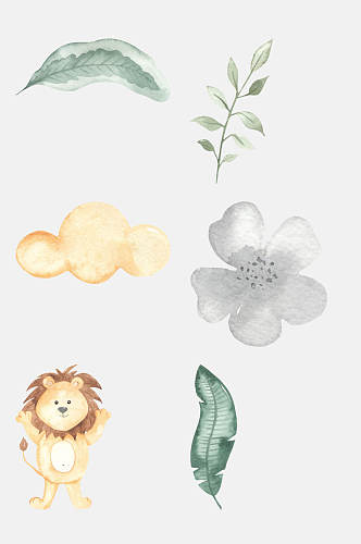 手绘水彩卡通动物叶子花朵免抠元素