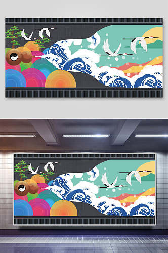 海浪鹤中国风元素背景展板