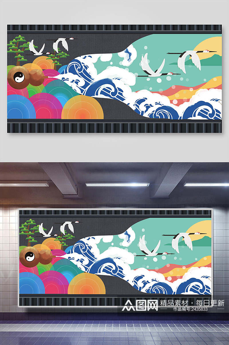 海浪鹤中国风元素背景展板素材