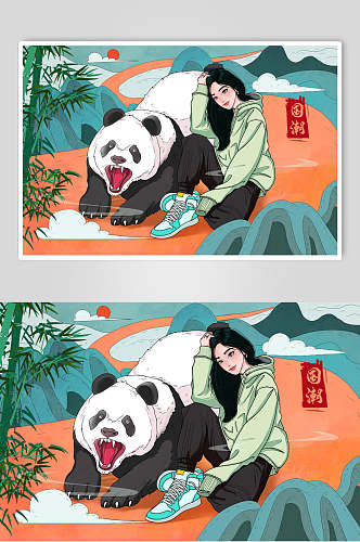 国风熊猫国潮插画素材