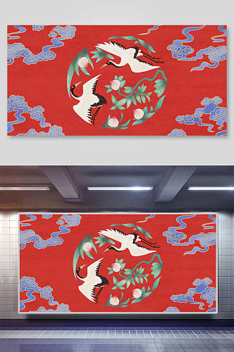 鹤红色云中国风元素背景展板