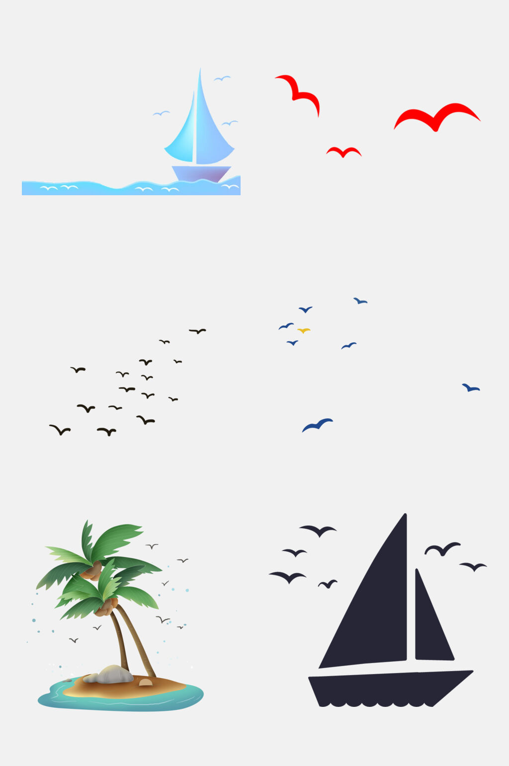 椰树帆船海洋海鸥飞翔素材素材