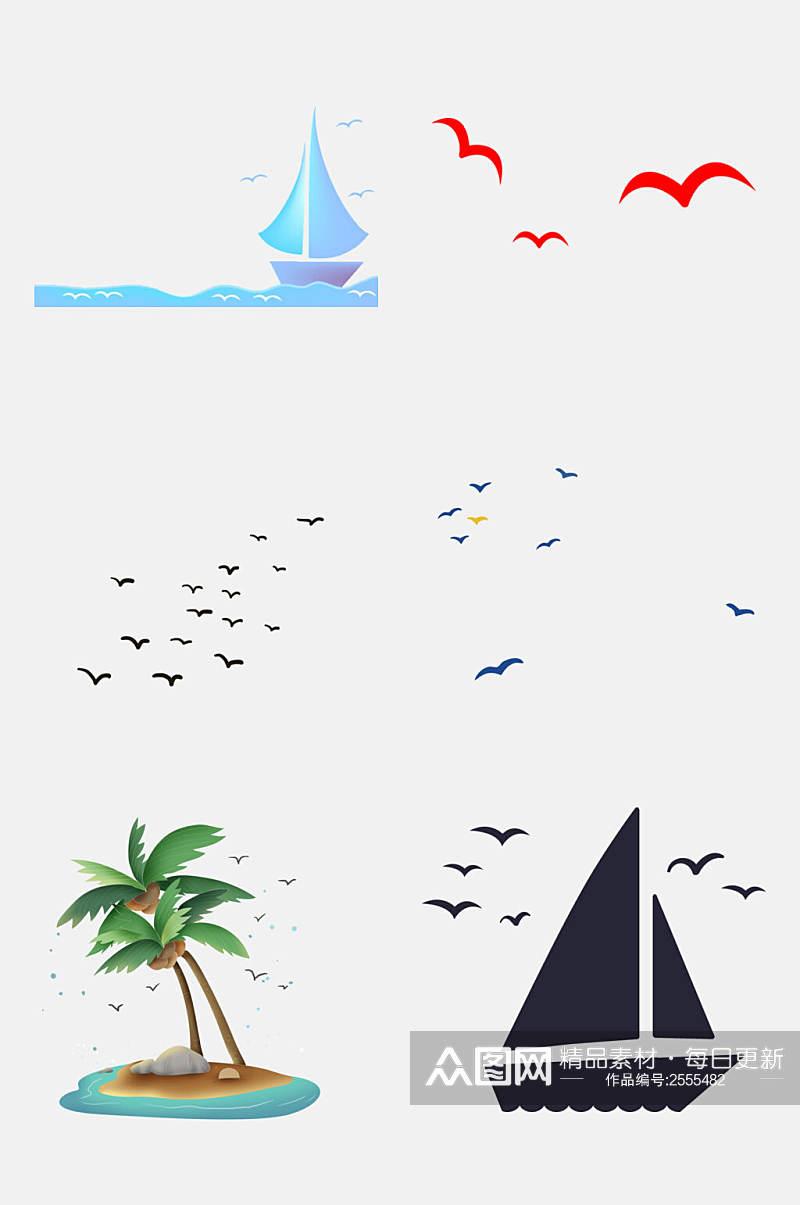 椰树帆船海洋海鸥飞翔素材素材