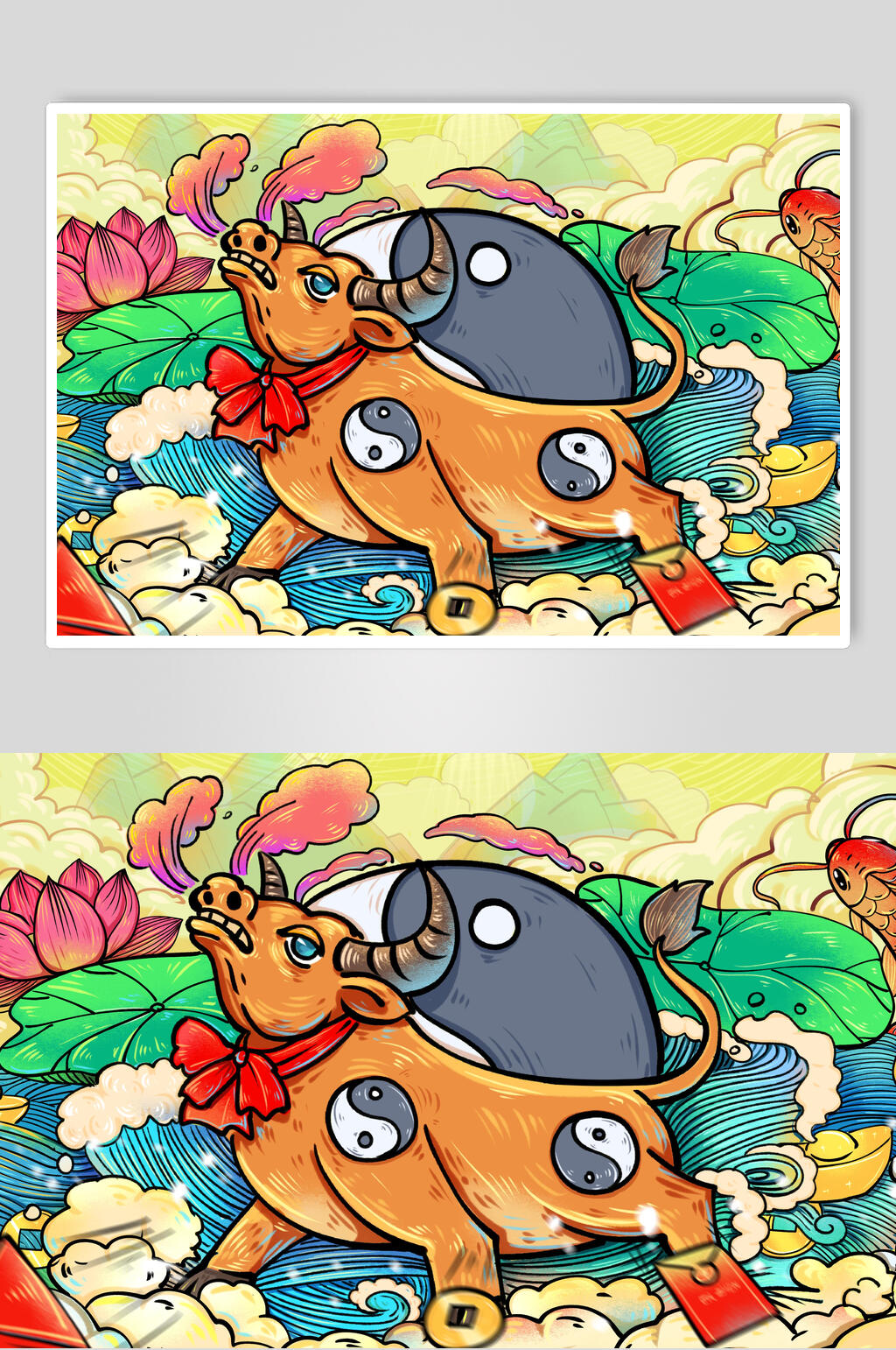卡通国潮牛年新年插画素材素材