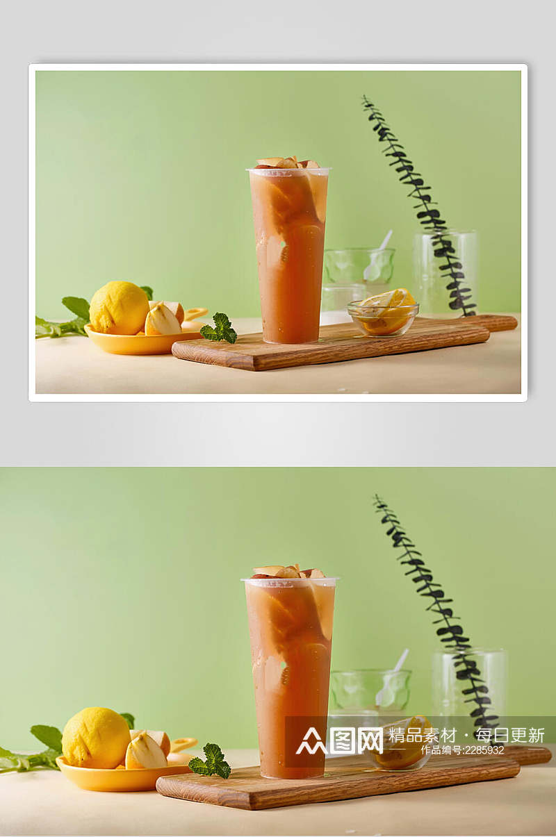 绿色柠檬奶茶鲜果茶场景摄影图高清图片素材