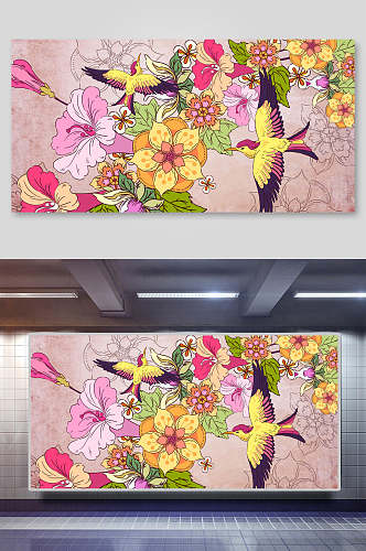 花鸟彩色中国风元素背景展板