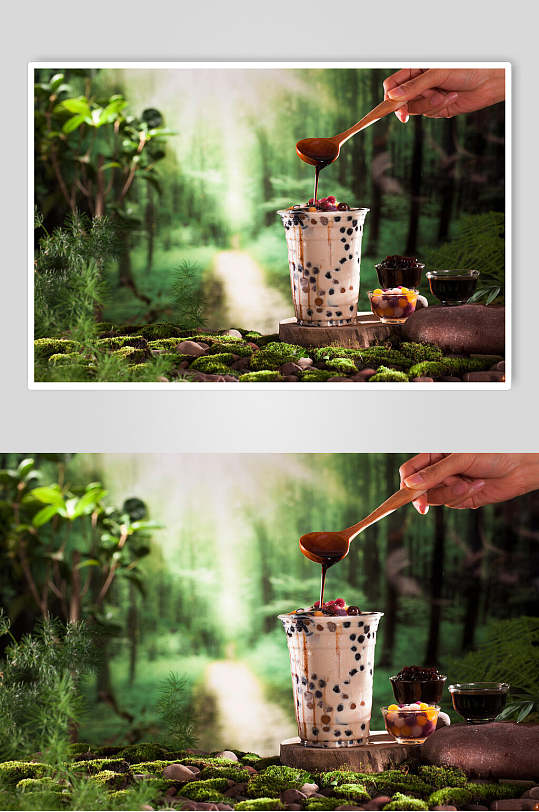 森系网红奶茶鲜果茶场景摄影图高清图片