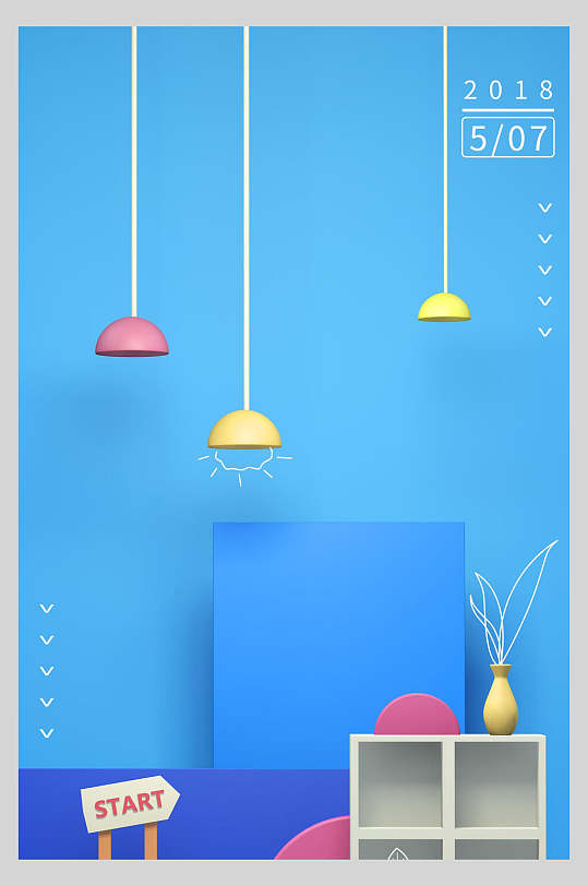 蓝色简约创意三d北欧简约场景海报