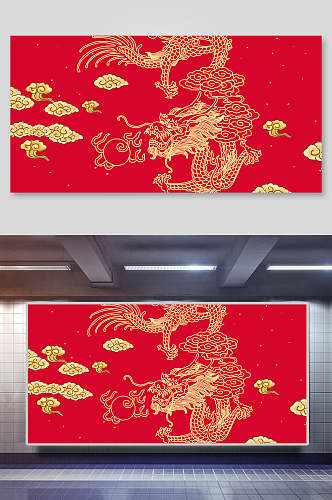龙红色背景中国风元素背景展板