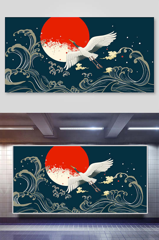 海浪日鹤中国风元素背景展板