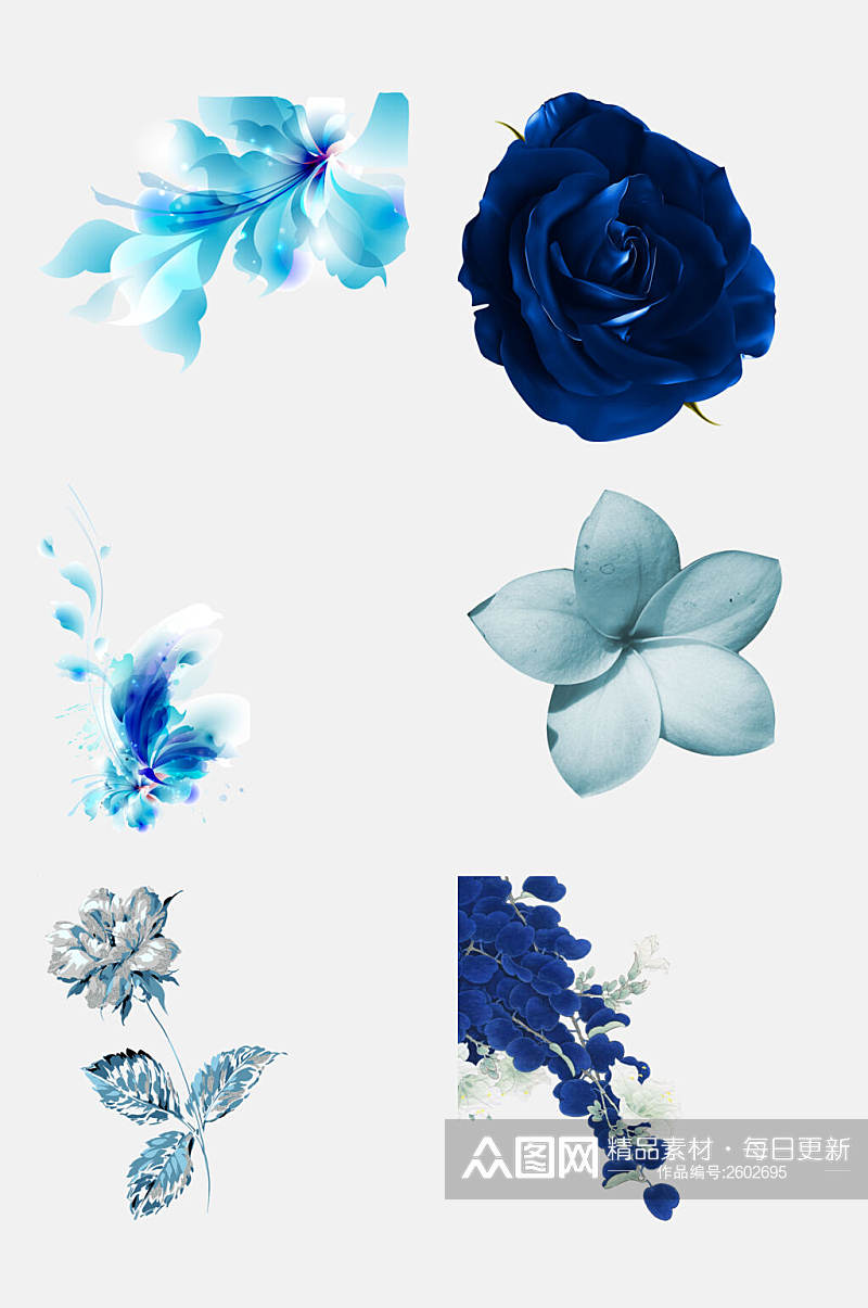 水彩蓝色梦幻花卉素材素材