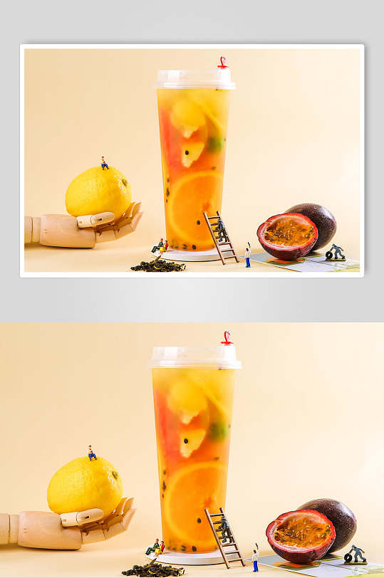 百香果橙汁奶茶鲜果茶场景摄影图