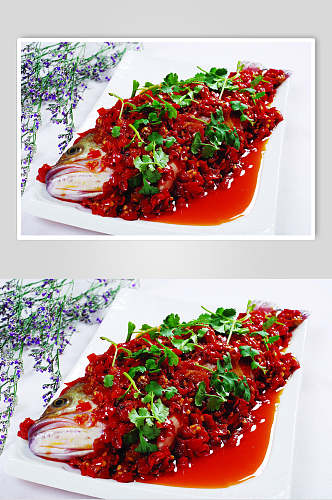 剁椒蒸鲈鱼元条食品菜摄影图片