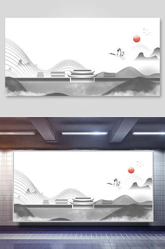 中国风山水水墨画背景展板