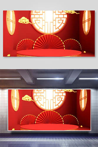 红色背景电商中国风海报背景展板