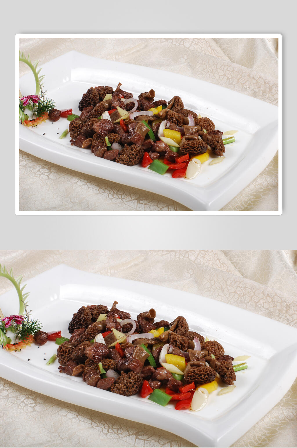羊肚菌炒雪花牛肉图片素材