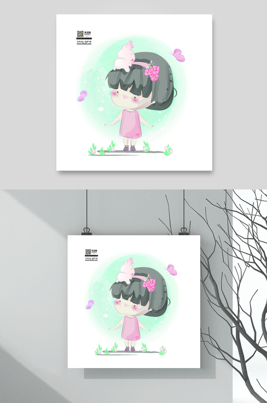 清新手绘卡通女孩素材素材
