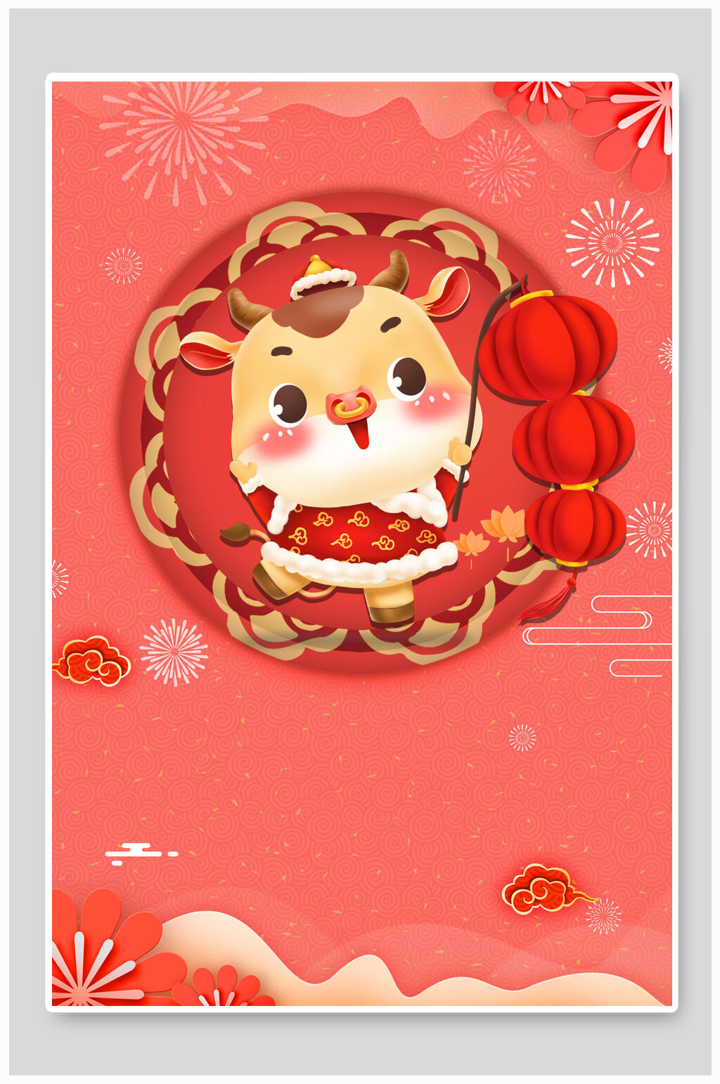 红色背景灯笼牛新年春节背景素材
