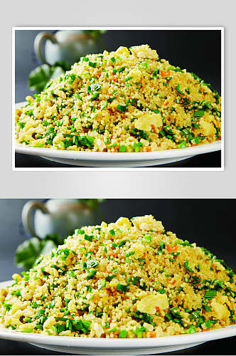 韭菜鸡蛋炒小米美食图片