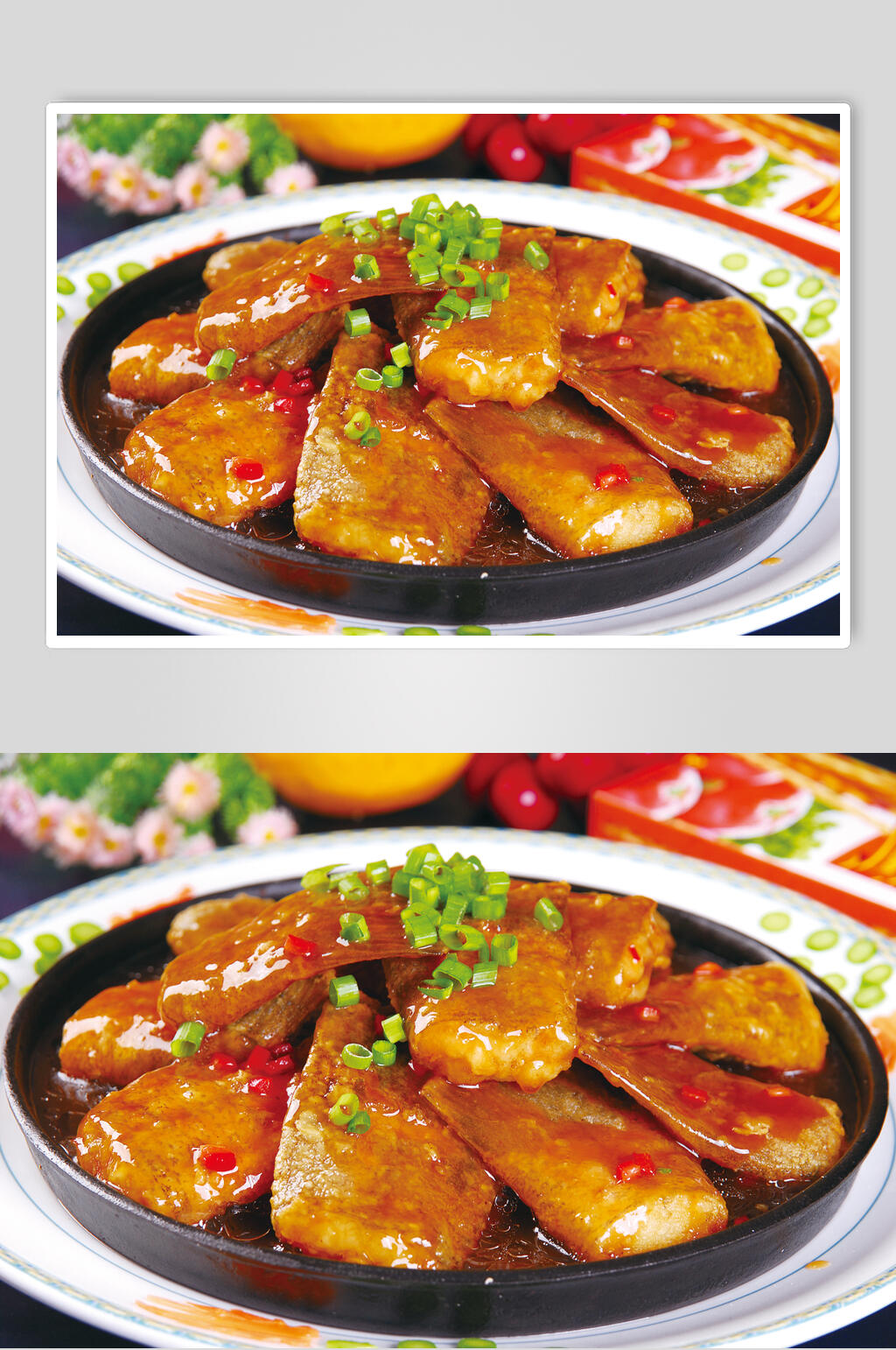 铁板烧汁蝶鱼尾食品高清图片素材