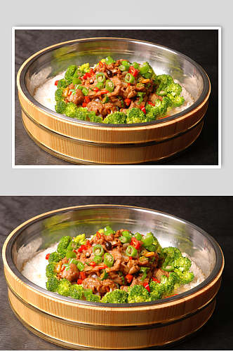 铜盆嫩牛柳食物摄影图片