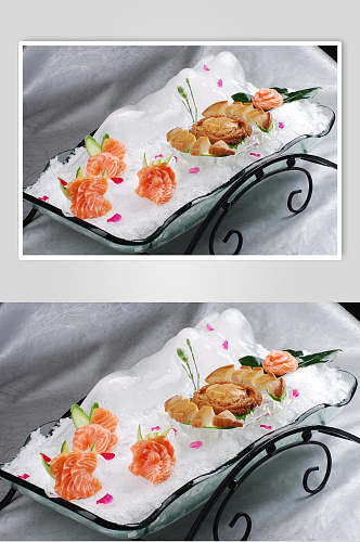 艺术冰雕活鲍拼三文鱼食品高清图片