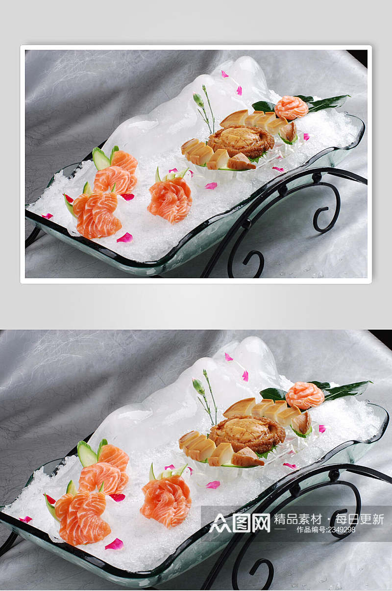 艺术冰雕活鲍拼三文鱼食品高清图片素材