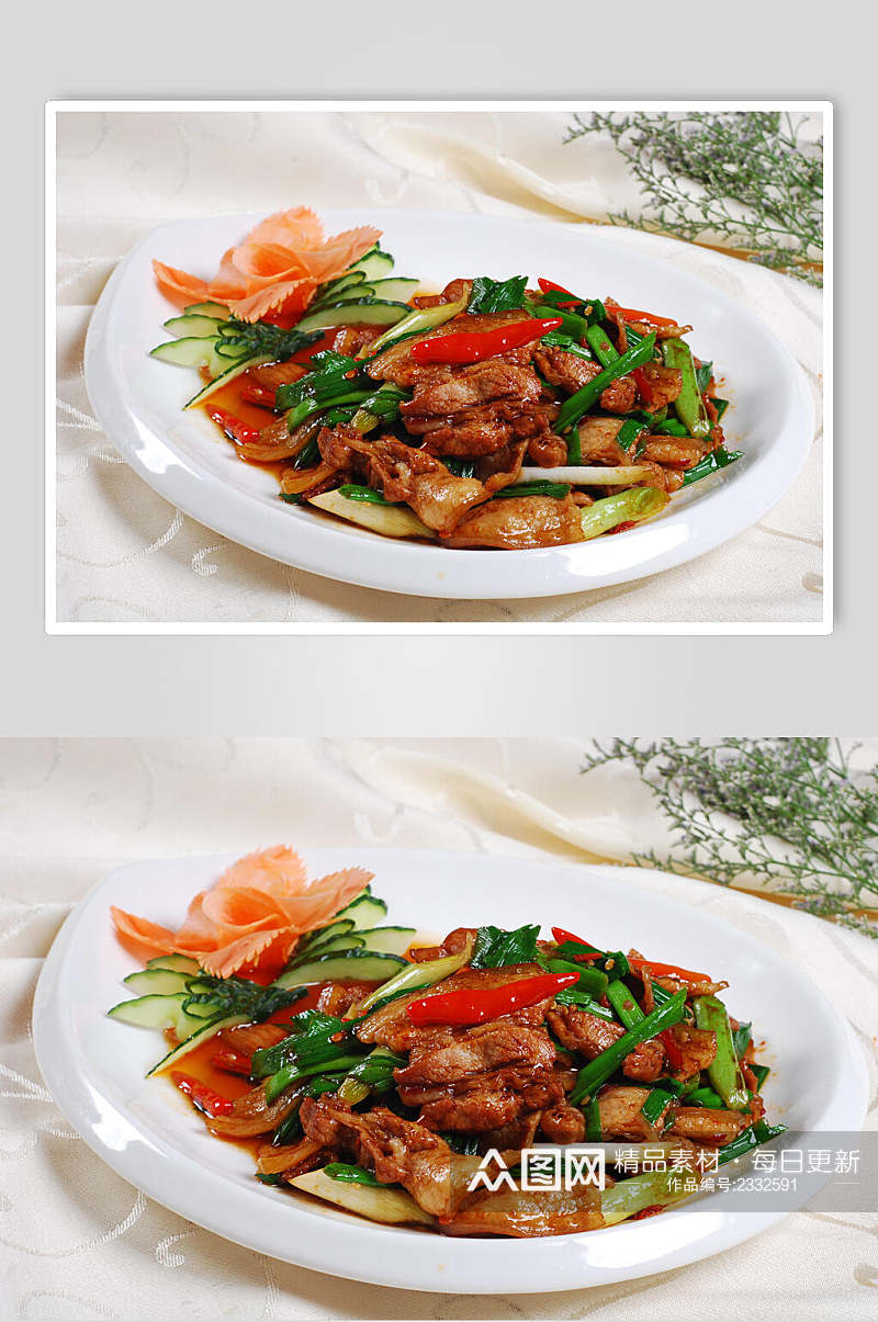 大蒜梗炒酱油肉食品图片素材