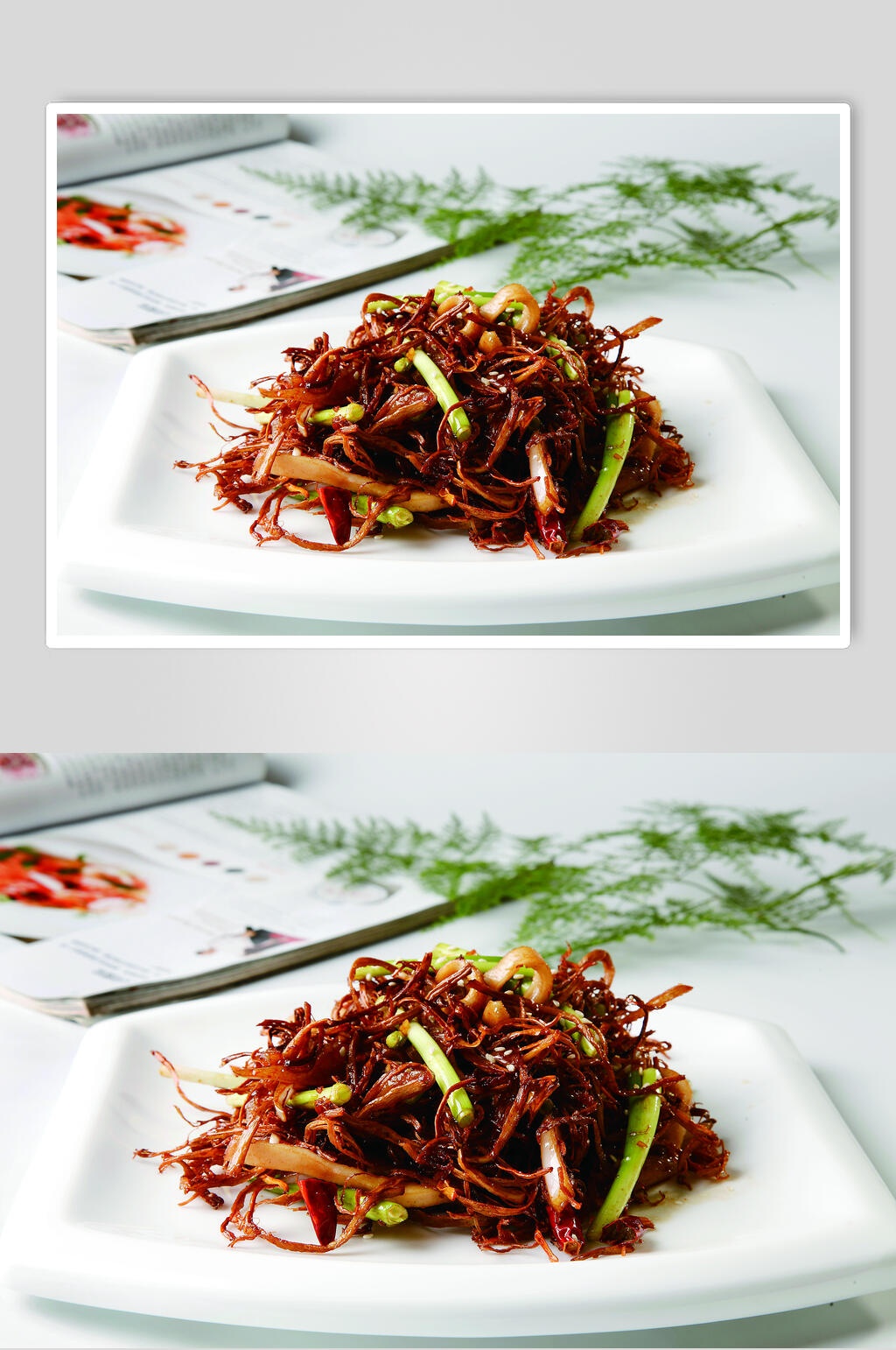 茶树菇爆鲜鱿高清图片素材