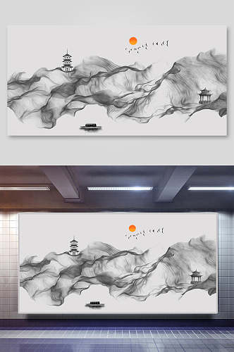 日中国风山水水墨画背景展板