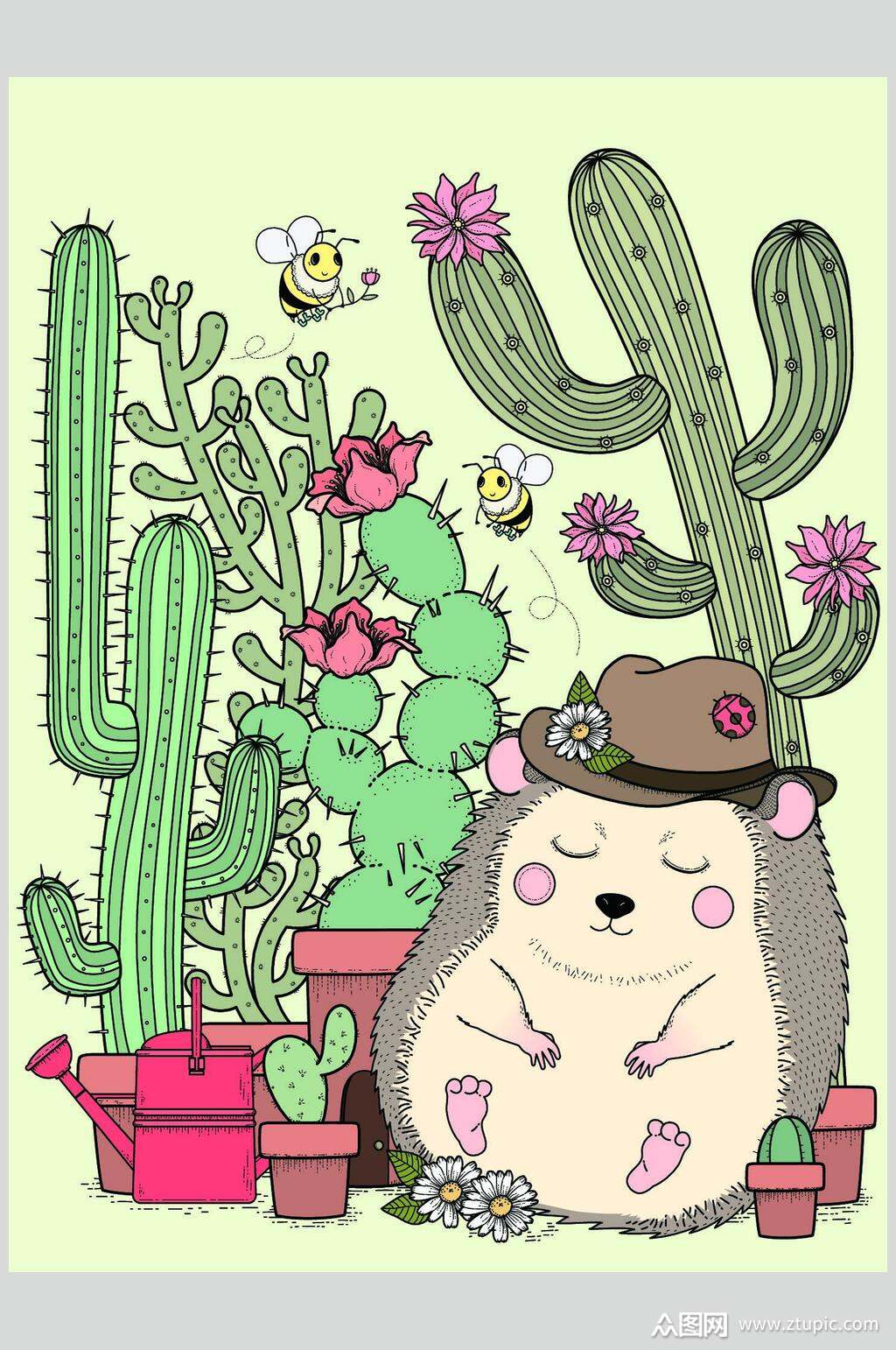 手绘动物盆栽植物插画素材