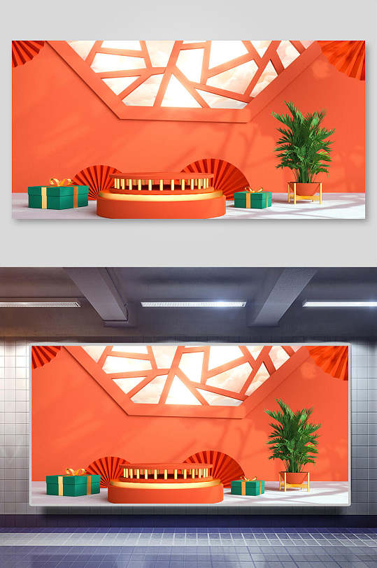 橘色电商中国风海报背景展板